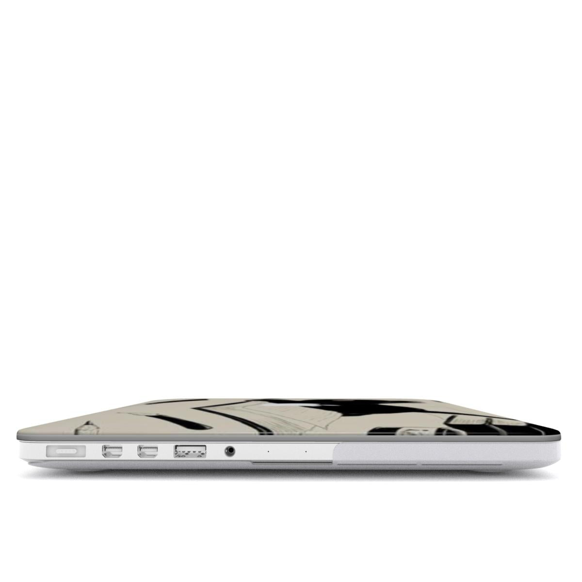 Side profile view of a MacBook in a protective hard shell case with a minimalist black cat ink sketch design. The image highlights the slim fit of the cream-colored cover, showing precise cutouts for USB ports, the MagSafe charging port, and the headphone jack, ensuring full functionality and protection.