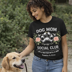 Personalized Black Dog Mom Social Club Shirt with Golden Retriever Model, Custom Pet Names Kamila & Ella Tee, Floral Paw Print Aesthetic Design, Gift for Dog Owners Promo, TrioAuraDesign Exclusive.