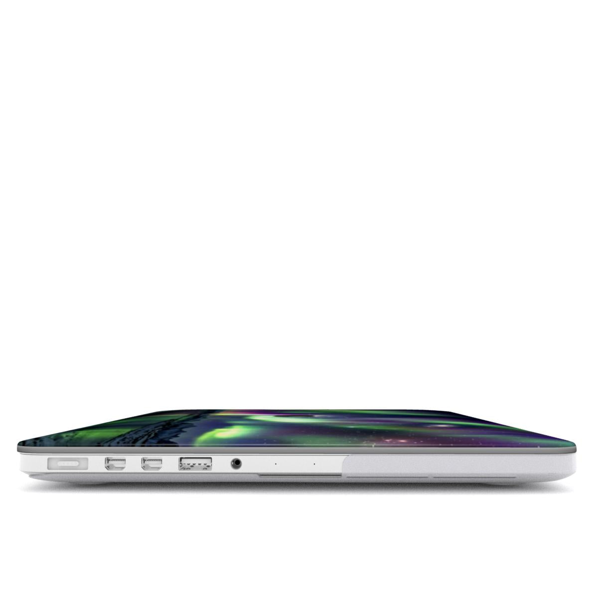 Close-up profile view of the left side of a MacBook, highlighting the slim profile of the protective case. The top cover shows the edge of a colorful Northern Lights design with deep purple and green cosmic hues.