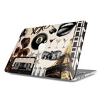 A perspective view of an open MacBook on a white background, featuring a personalized 'Retro Collage' case with vintage stickers, an 8-ball, Eiffel Tower, and cassette tape.