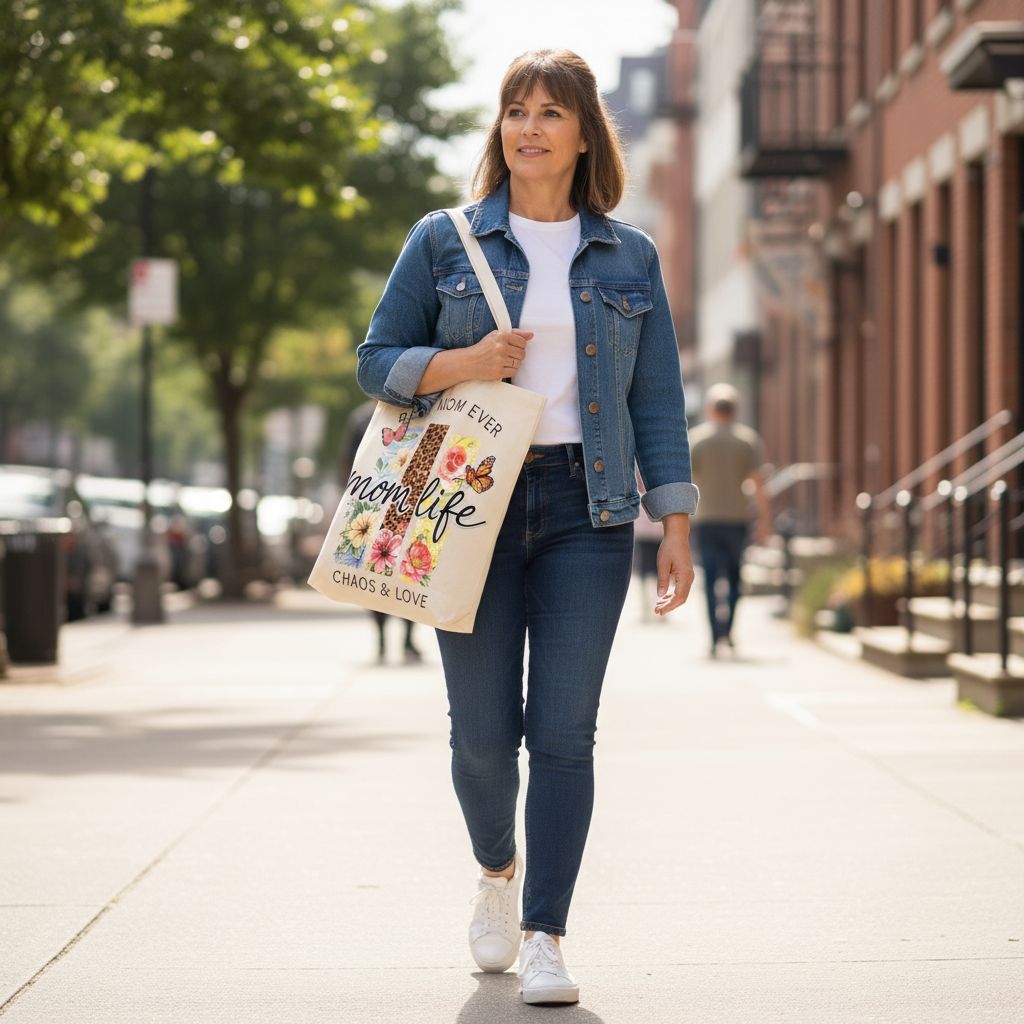 Woman walking on a city street carrying a "Best Mom Ever" canvas tote bag with a colorful leopard and floral design.
