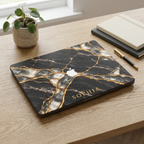 Top view of a MacBook in a Black Pearl marble case personalized with SOPHIA, Apple logo visible, on a wooden desk with a plant.