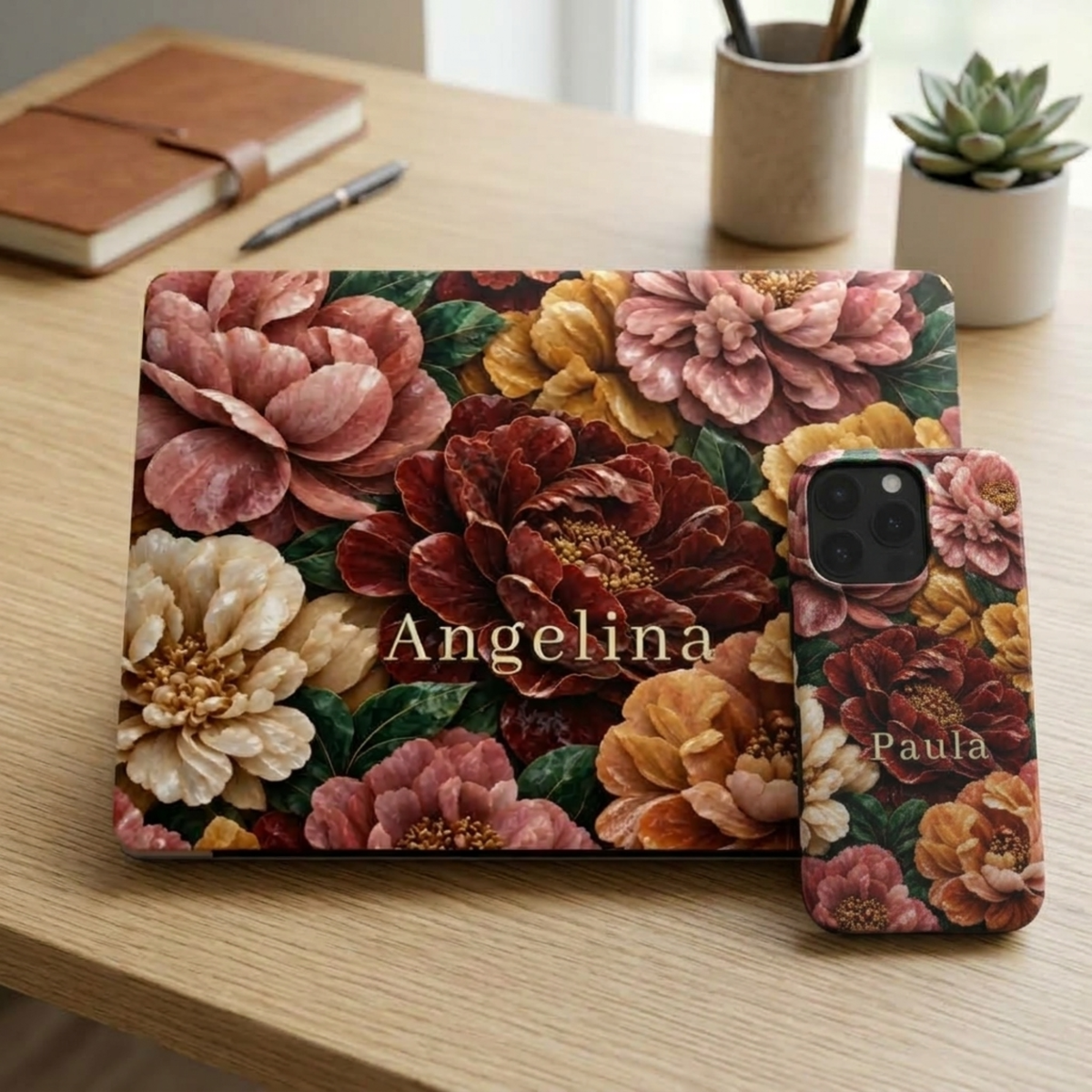 Personalized Stone Bouquet MacBook case infographic showing the custom name Angelina printed across the floral design. The guide explains how to enter a name or short word, choose the Apple logo style and select the correct MacBook model, with a close-up showing the personalization placement.