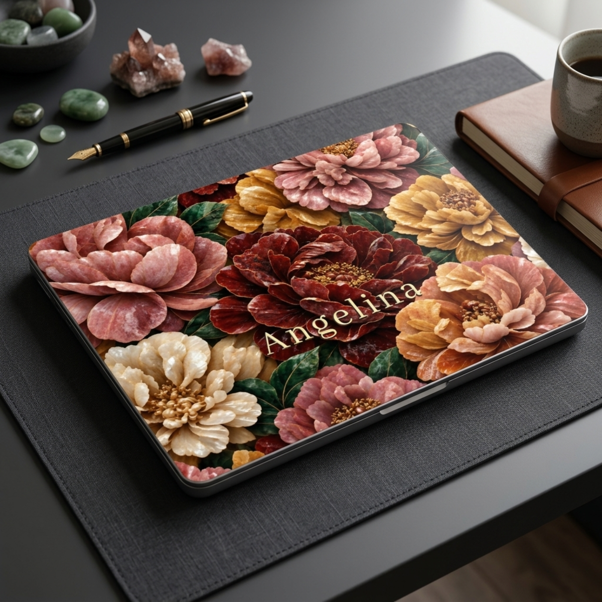 Personalized Stone Bouquet MacBook Case, Stone Effect Custom Name Cover