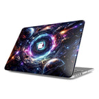 Premium MacBook hard shell case featuring a high-definition futuristic quantum swirl design with vibrant purple and blue cosmic nebulae, planets, and a central glowing light around the Apple logo.