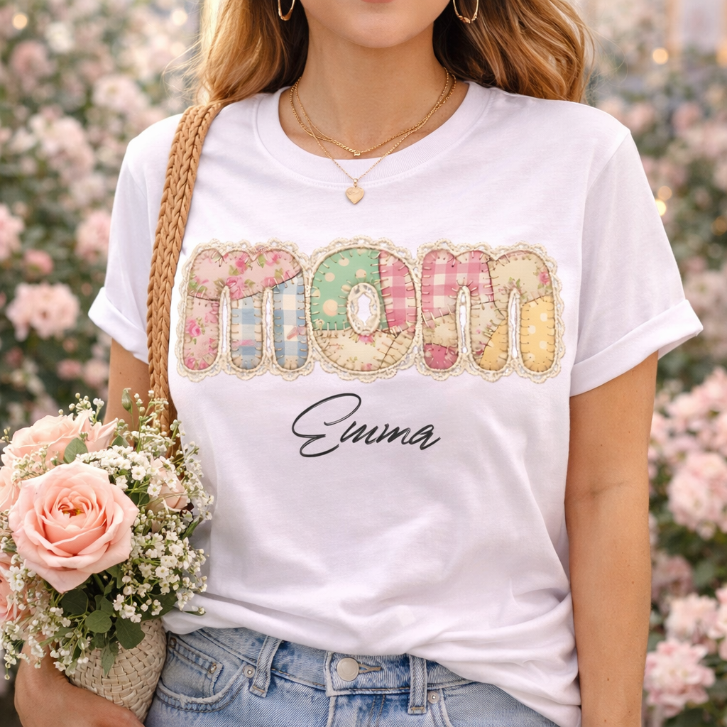 Close-up portrait of a woman wearing a white personalized "Mom" T-shirt, highlighting the intricate quilt patchwork letter design with colorful florals.