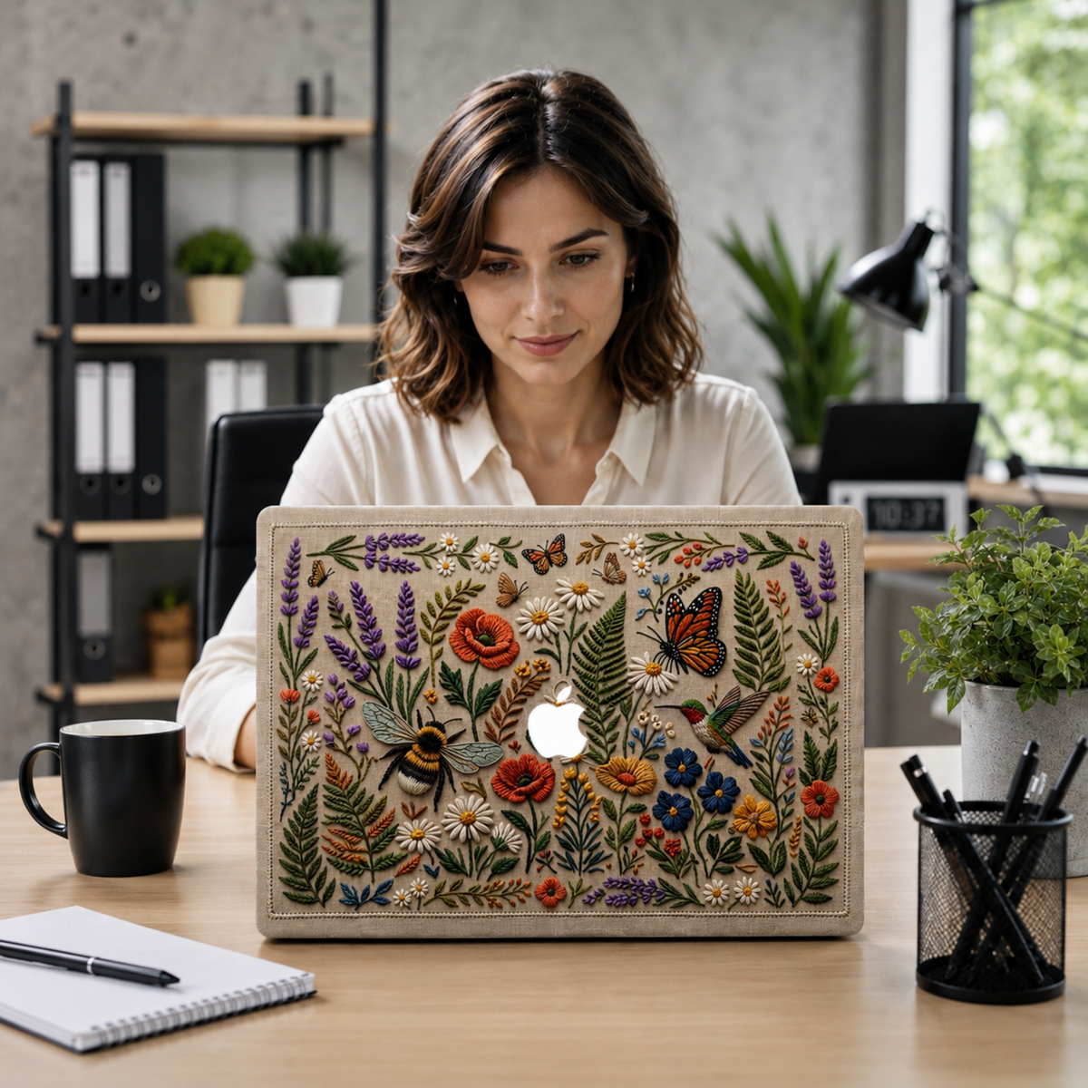 Woman working on MacBook with floral embroidery effect case featuring wildflowers, lavender, poppies, monarch butterfly, hummingbird, and bumblebee on linen-texture background. Shown in modern office workspace with industrial shelving, plants, black coffee mug, and notebook. Botanical cottagecore design brings nature-inspired aesthetic to professional work environment. Perfect botanical MacBook case for women who want to express their style at work.