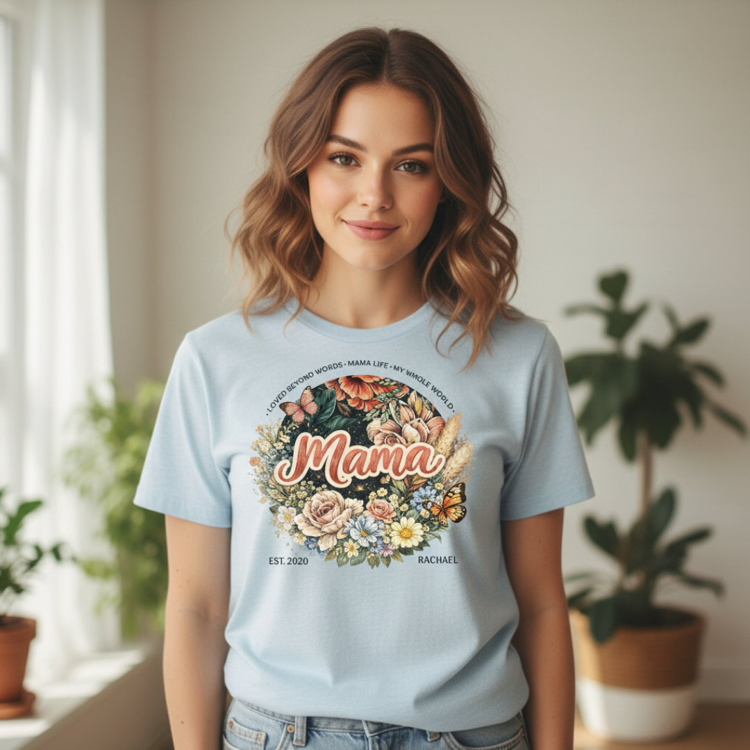 Model wearing a light blue personalized "Mama" T-shirt, perfectly displaying the delicate established year and custom name script.