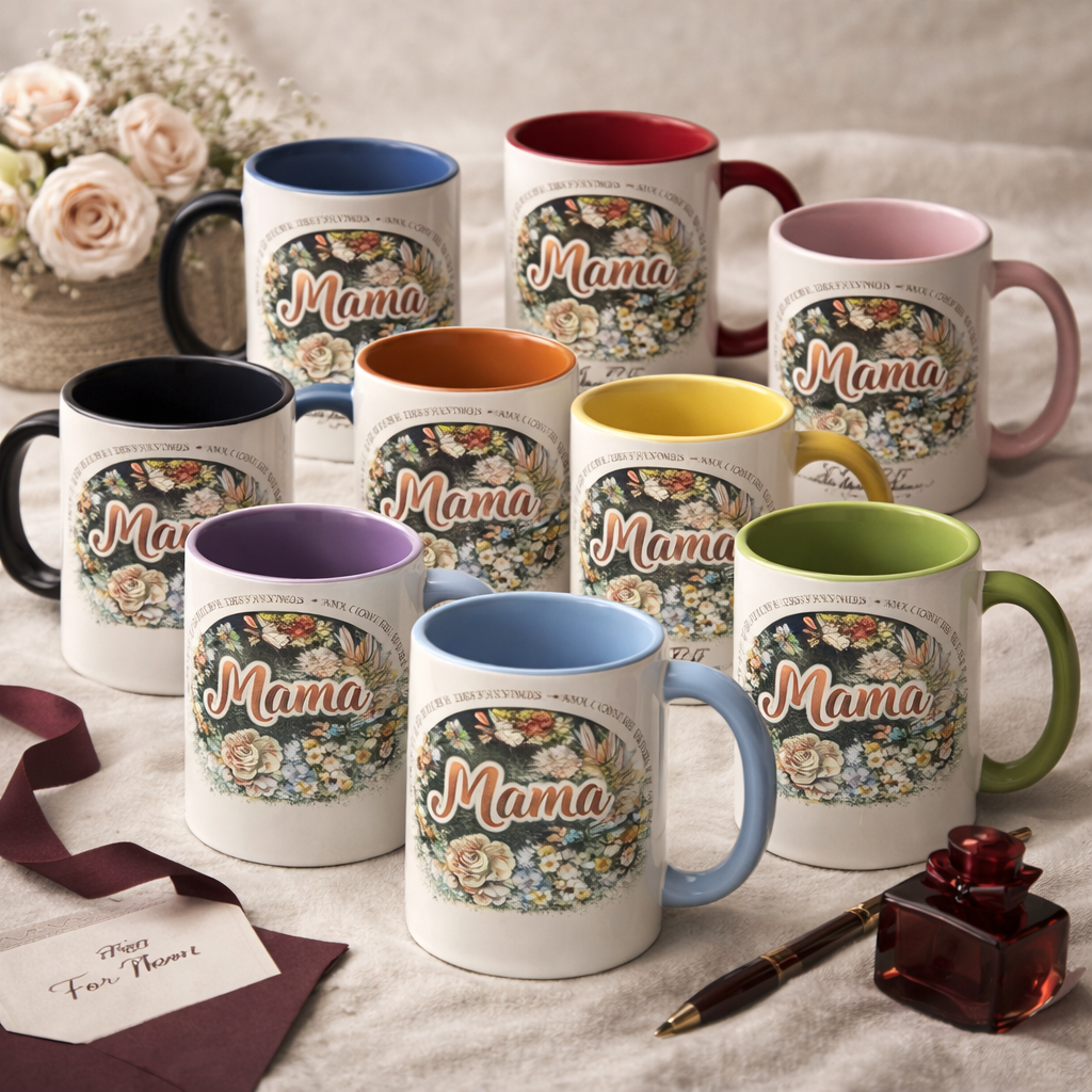 Collection of personalized "Mama" mugs with various colored handles (blue, red, pink, black, yellow, green) featuring a vintage floral wreath design.