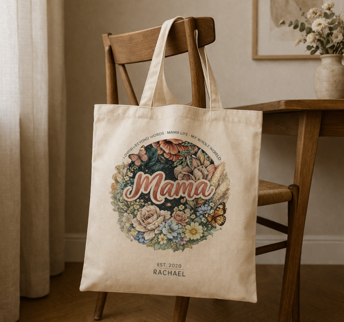 Natural canvas tote bag mockup hanging on a wooden chair, showcasing the personalized "Mama" vintage floral wreath design.
