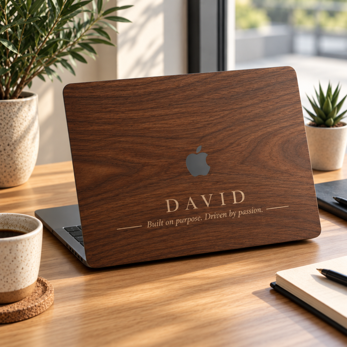Personalized wood grain effect MacBook case by TrioAuraDesign with the custom name DAVID and a short motivational phrase, shown on a laptop on a bright wooden desk by a window with potted plants, a coffee cup and a notebook. The dark walnut wood look and lettering are UV-printed on a smooth polycarbonate hard shell, not real wood or engraving. A personalized gift for him, a husband, boyfriend or graduate.