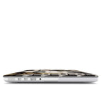 Side view of a MacBook featuring a cool girl retro collage case, showcasing the ultra-slim protective shell and precise cutouts for charging ports and headphone jack on a white background.