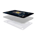 Exploded view showing the protective components of a MacBook case: the top cover featuring a vivid 3D effect Solar System design with a glowing sun and orbiting planets, the silver laptop, and the clear vented bottom shell designed for optimal heat dissipation, against a white background.