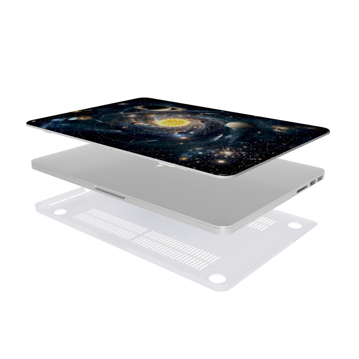 Exploded view showing the protective components of a MacBook case: the top cover featuring a vivid 3D effect Solar System design with a glowing sun and orbiting planets, the silver laptop, and the clear vented bottom shell designed for optimal heat dissipation, against a white background.