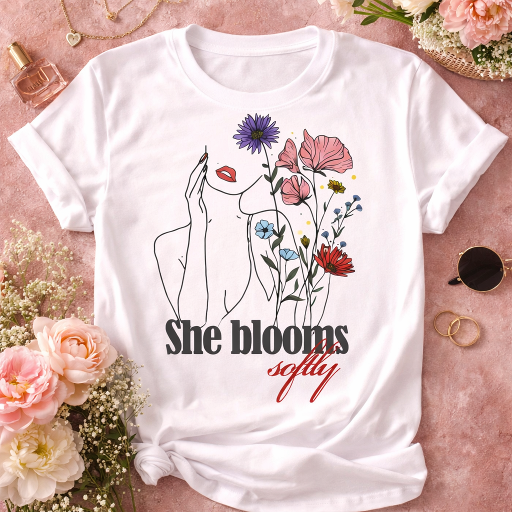 Flatlay mockup of a white "She Blooms Softly" cotton tee with vibrant wildflowers and line art design, styled with fresh pink peonies and aesthetic decor.