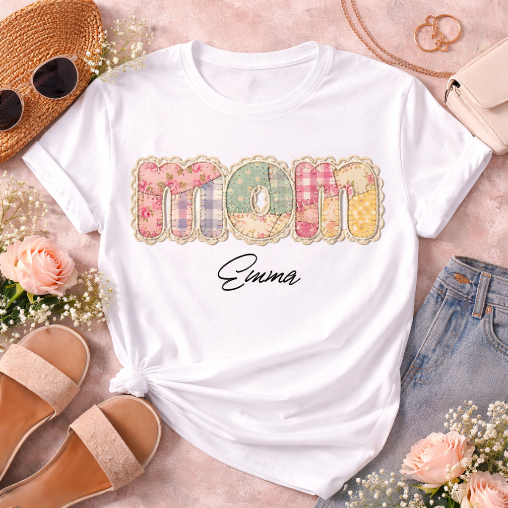Flatlay mockup of a white "Mom" patchwork tee with custom name Emma, styled with summer accessories like sunglasses and flowers