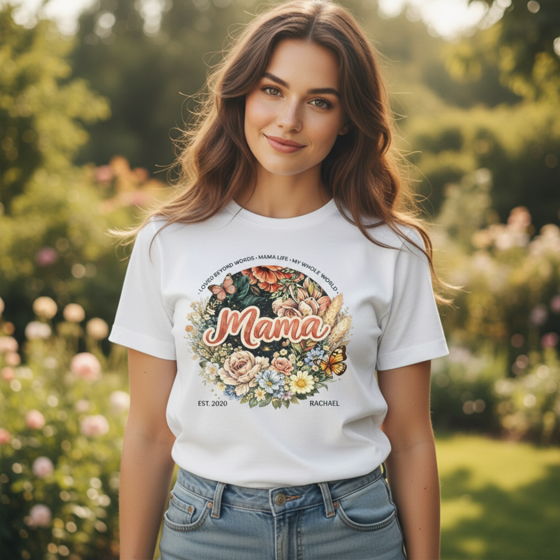 Close-up portrait of a woman wearing a white personalized "Mama" T-shirt, highlighting the intricate floral wreath design with established year and kids name.