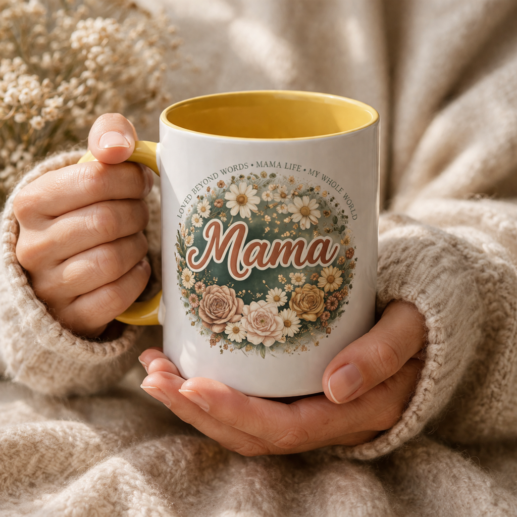Close-up of a hand holding a custom "Mama" floral mug with a yellow interior and handle, highlighting the botanical detail.