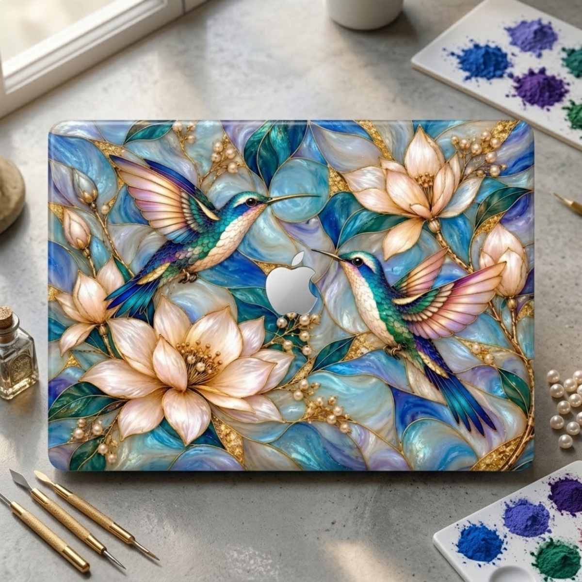 Top view of the hummingbird stained glass effect MacBook case on a light stone desk with watercolor paints and brushes, showing aqua, lavender and gold printed glass tones.