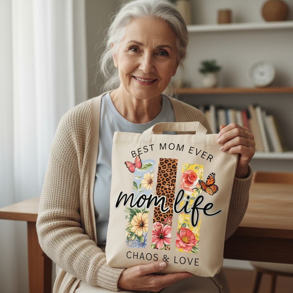 Happy grandmother holding a custom "Mom Life: Chaos & Love" tote bag, showing it's a perfect gift for all generations.