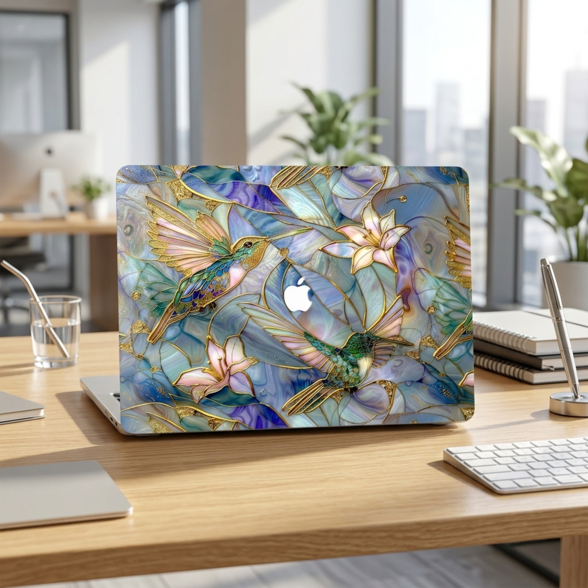 Front lifestyle view of a stained glass hummingbird MacBook case by TrioAuraDesign displayed on a partially open laptop in a bright modern office. The hard-shell case features colorful hummingbirds, elegant white lilies, and flowing blue, teal, and lavender stained glass artwork with metallic gold outlines. The visible Apple logo blends into the design, highlighting the smooth protective finish, vibrant colors, and artistic style for MacBook Air and MacBook Pro models.