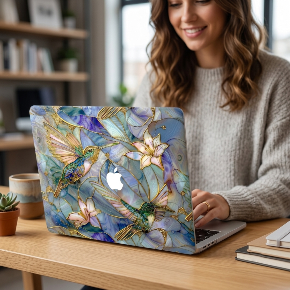 Lifestyle photo of a stained glass hummingbird MacBook case by TrioAuraDesign displayed on a partially open laptop while a woman works at a modern desk. The hard-shell case features colorful hummingbirds, elegant white lilies, and flowing blue, teal, and lavender stained glass artwork with metallic gold outlines. The visible Apple logo blends into the center of the design, highlighting the smooth protective finish, vibrant colors, and artistic style for MacBook Air and MacBook Pro models.