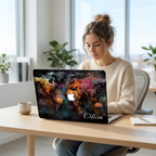 Lifestyle photo of a personalized artistic world map MacBook case by TrioAuraDesign displayed on a partially open laptop in a bright modern workspace. The hard-shell case features a colorful abstract world map with vibrant watercolor textures, dark wood background details, and the personalized name "Olivia" in elegant white script. The image highlights the smooth protective finish, slim lightweight profile, unique travel-inspired artwork, and custom fit for MacBook Air and MacBook Pro models.