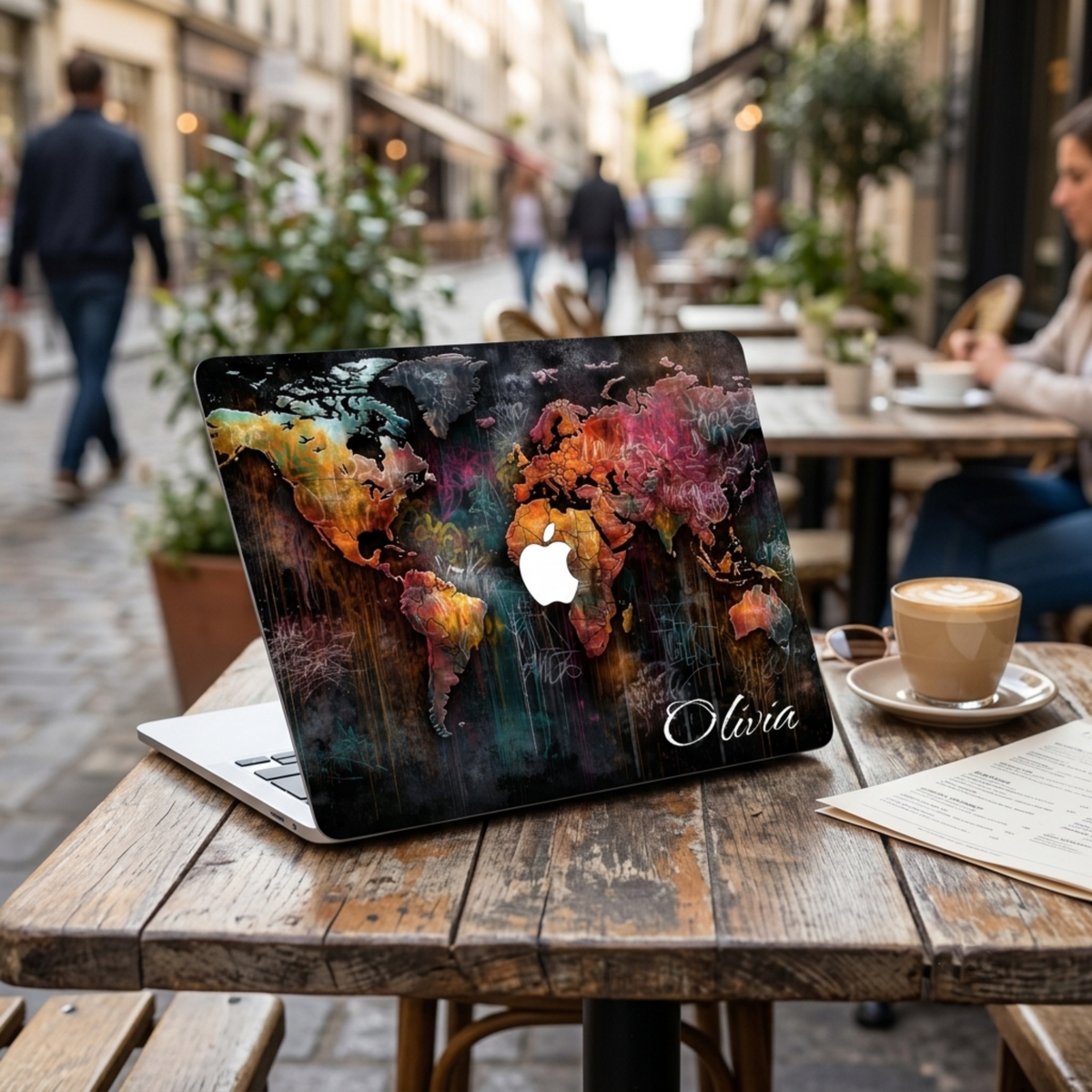 Lifestyle photo of a personalized artistic world map MacBook case by TrioAuraDesign displayed on a partially open laptop at an outdoor café. The hard-shell case features a colorful abstract world map with vibrant watercolor textures, dark wood background details, and the personalized name "Olivia" in elegant white script. The image highlights the smooth protective finish, slim lightweight profile, bold travel-inspired artwork, and custom fit for MacBook Air and MacBook Pro models.