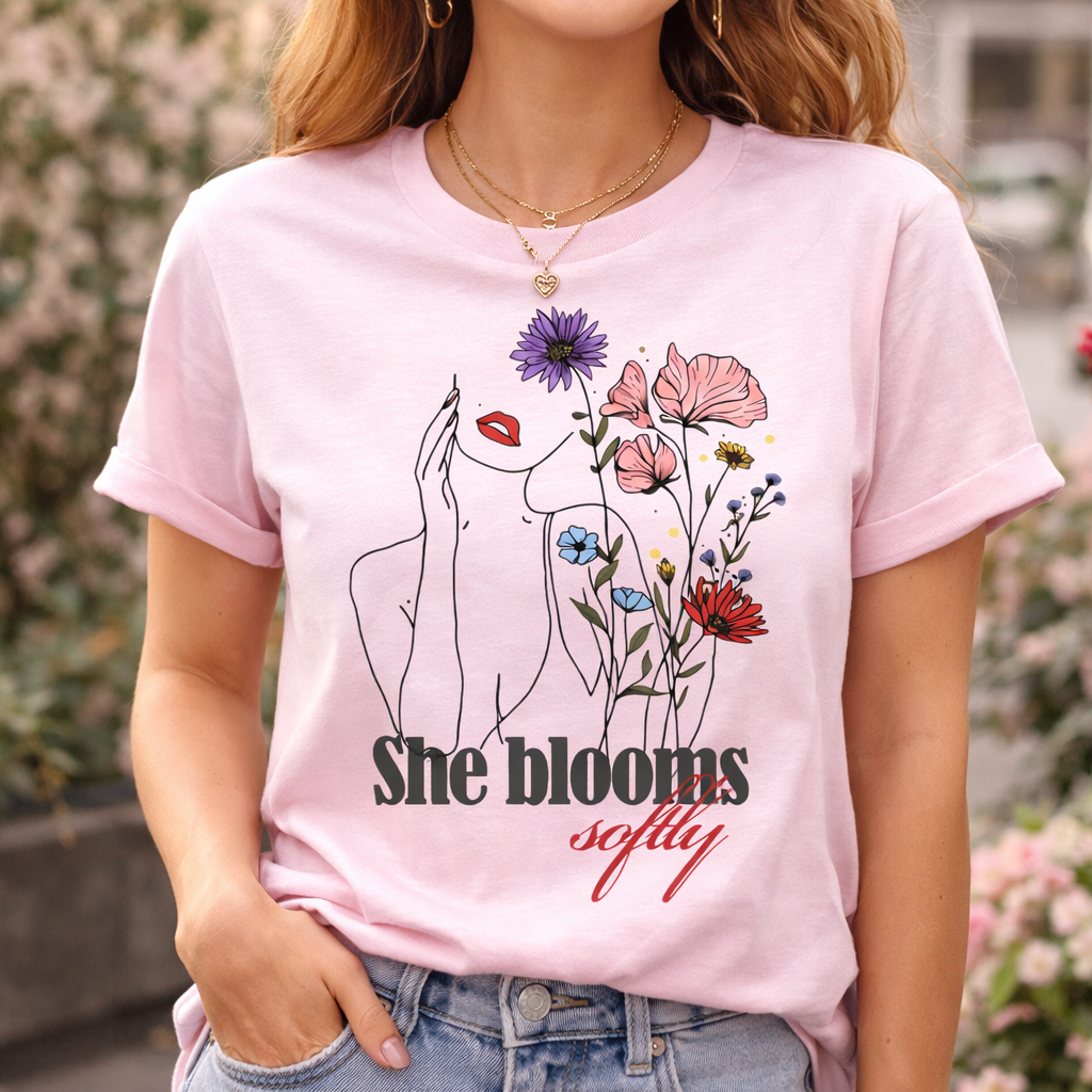 Smiling young woman wearing a soft pink "She Blooms Softly" T-shirt, showcasing the beautiful floral line art design against a city park background.