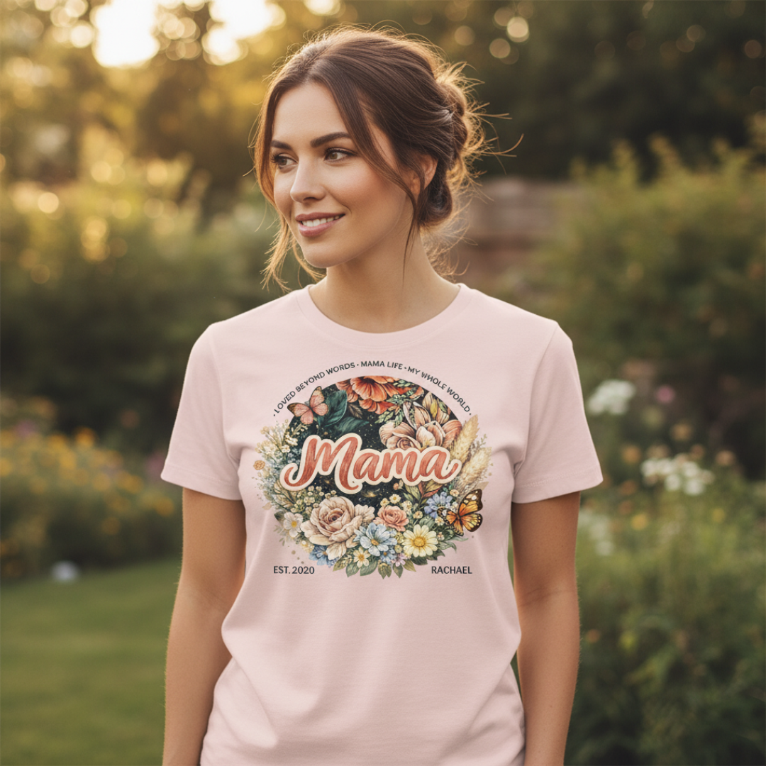 Smiling young woman posing outdoors in a soft pink personalized "Mama" T-shirt, showcasing the cozy cottagecore wildflower aesthetic print against a natural background.
