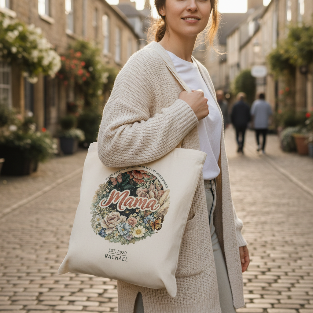 Model wearing a light beige cardigan and white tee, confidently carrying a personalized "Mama" floral tote bag, walking down a sunlit city path.