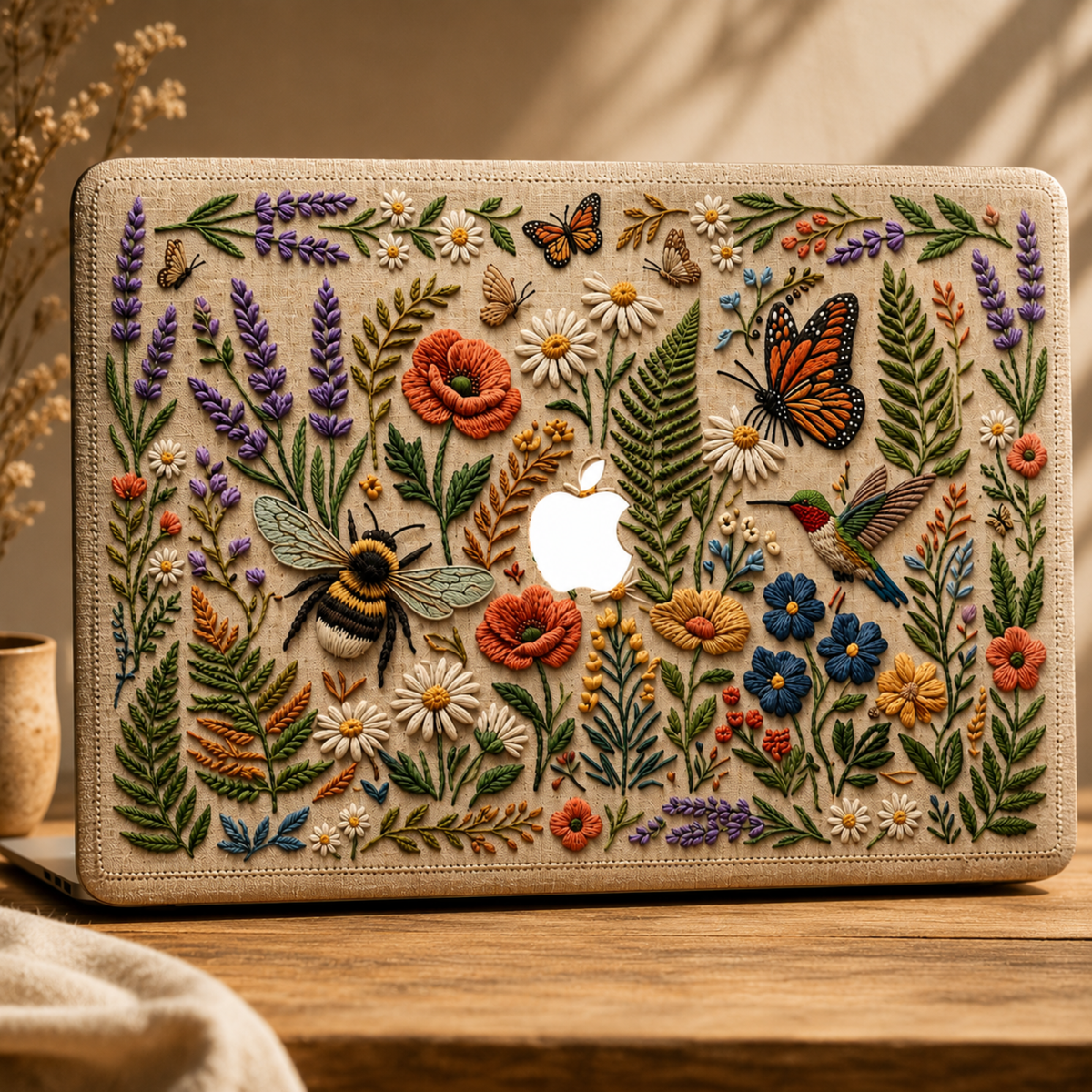Front view of a TrioAuraDesign MacBook case with a detailed embroidery-effect botanical garden on a warm beige background. Colorful wildflowers, lavender, daisies, poppies, butterflies, a bumblebee and a hummingbird surround the centered Apple logo, visible through an unprinted logo area. The smooth printed case is styled in warm natural light on a wooden desk.