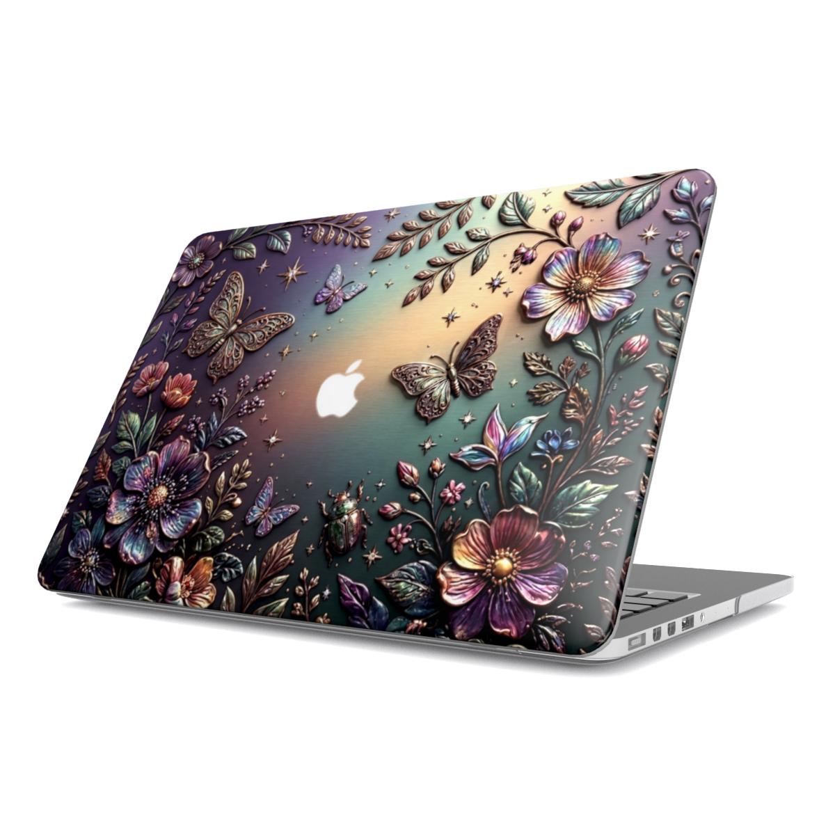 Angled view of a MacBook featuring a protective hard shell case with a high-definition 3D visual effect Secret Garden design. The artwork creates a realistic illusion of sculpted metallic flowers, golden vines, and iridescent butterflies with a precision cutout highlighting the white Apple logo.