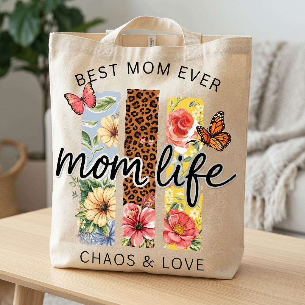 Close-up of a cream-colored "Best Mom Ever" tote bag with high-quality floral and butterfly print in a home setting.
