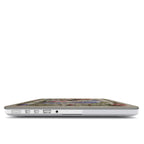 Side view of a closed laptop in a protective hard shell case featuring a vintage floral print. The top cover displays an intricate pattern of roses and wildflowers on a beige linen-textured background. The case is precision-cut, ensuring all side ports like USB and the audio jack remain fully accessible.
