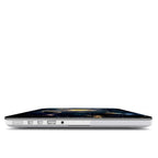Side profile view of a closed MacBook showing its slim ports and the precise fit of the protective hardshell case. The top cover displays the edge of a vibrant 3D effect Solar System design with deep cosmic colors and planetary orbits against the silver laptop body.