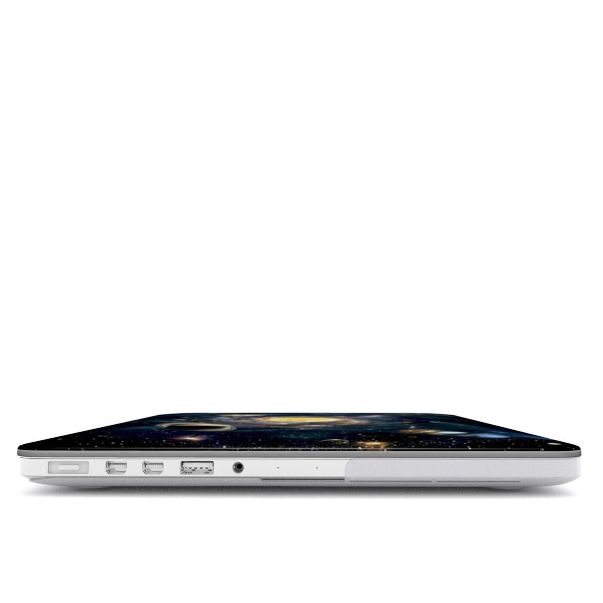 Side profile view of a closed MacBook showing its slim ports and the precise fit of the protective hardshell case. The top cover displays the edge of a vibrant 3D effect Solar System design with deep cosmic colors and planetary orbits against the silver laptop body.