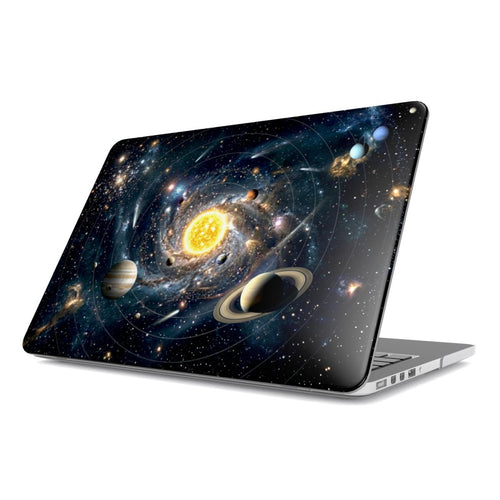 Isolated angled view of a MacBook featuring a protective hard shell case with a stunning 3D effect Solar System design. The artwork displays a glowing golden sun at the center of a spiral galaxy, with detailed planets including Saturn and Jupiter orbiting along bright cosmic paths amidst a vast, starry nebula background.