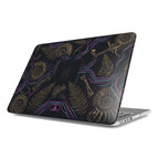Angled view of a MacBook featuring a premium glossy hard shell case with a unique paleo-futuristic design. The reflective high-gloss surface enhances the 3D visual effect, showcasing detailed golden ancient fossils like ammonites and ferns intertwined with vibrant, glowing neon purple and cyan cyber-lines against a deep black background.
