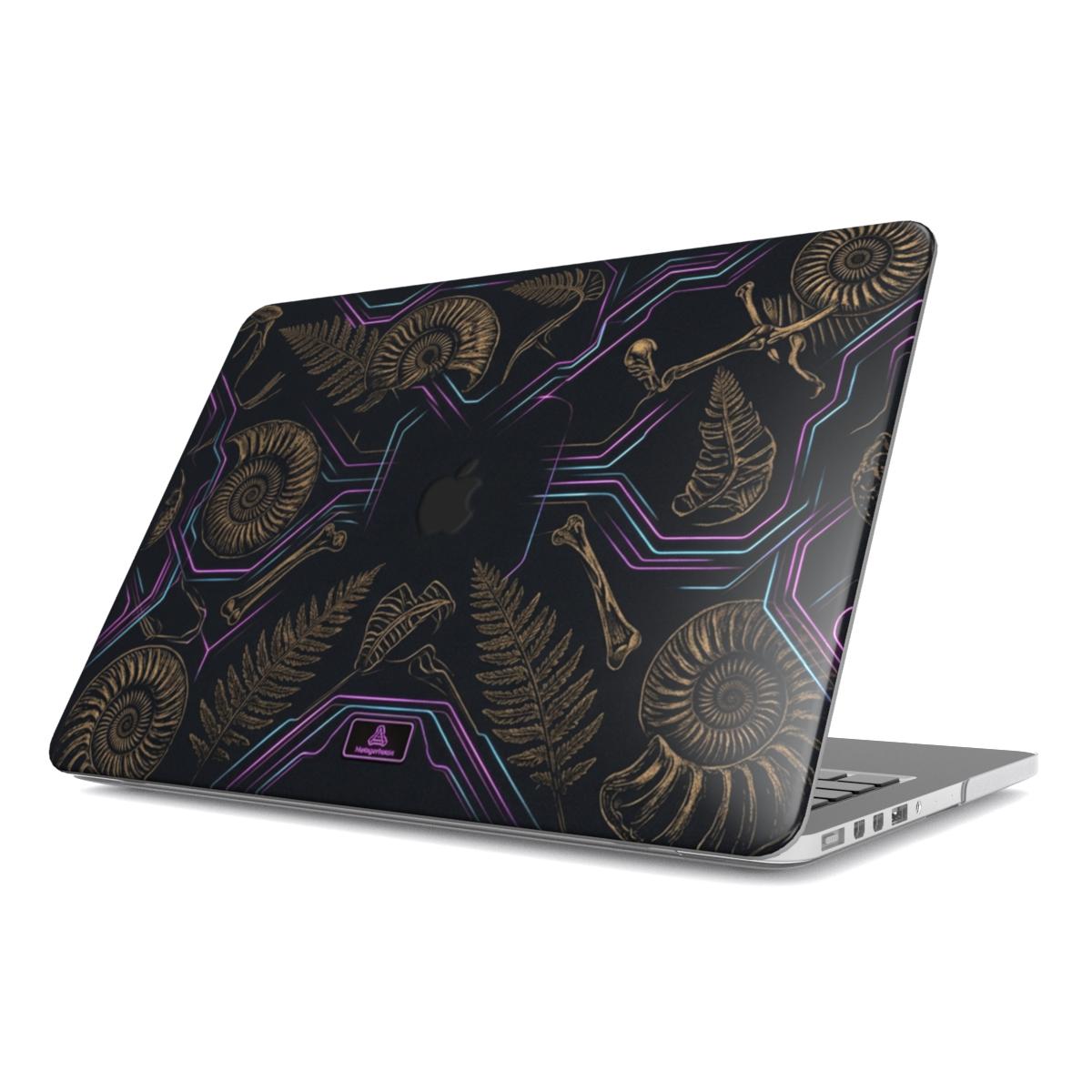Angled view of a MacBook featuring a premium glossy hard shell case with a unique paleo-futuristic design. The reflective high-gloss surface enhances the 3D visual effect, showcasing detailed golden ancient fossils like ammonites and ferns intertwined with vibrant, glowing neon purple and cyan cyber-lines against a deep black background.