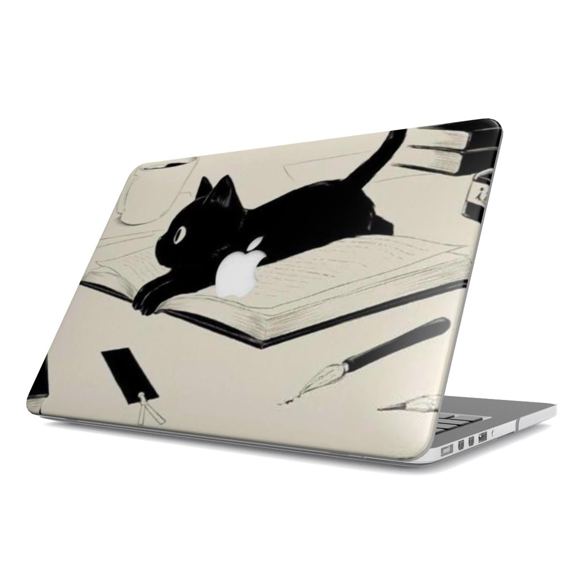 An angled view of a semi-open silver MacBook featuring a cream-colored hard shell case. The cover is decorated with a minimalist black ink sketch of a playful cat lying on an open book, accompanied by drawings of a fountain pen and coffee. The case has a smooth matte finish and perfectly fits the laptop's contours.