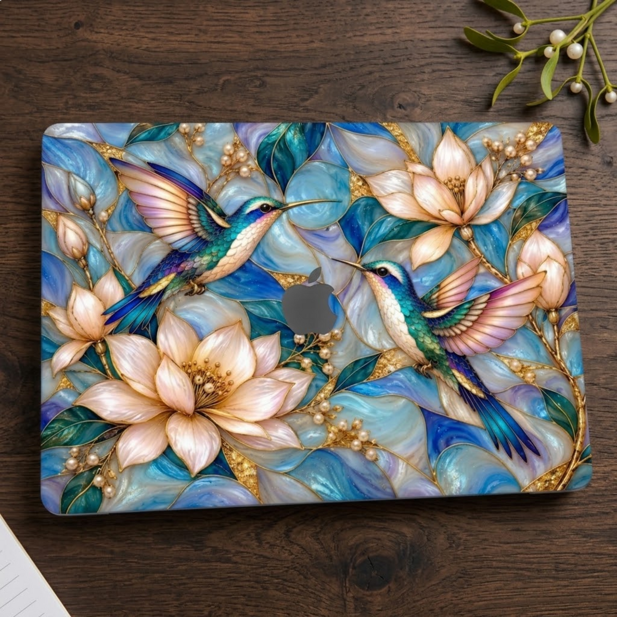 MacBook in a stained glass effect hummingbird hard shell case on a dark wooden table: two hummingbirds among cream magnolias on aqua and periwinkle glass with gold outlines, Apple logo left visible. Printed effect, smooth matte finish.