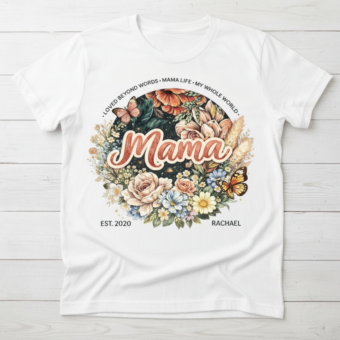 Flatlay mockup of a white "Mama" floral tee with personalized details, styled with summer accessories like sunglasses and flowers.