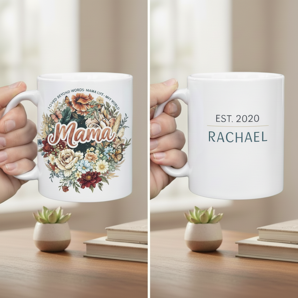 Back view of a personalized ceramic mug showing the text "EST. 2020 RACHAEL" in a clean, modern font.