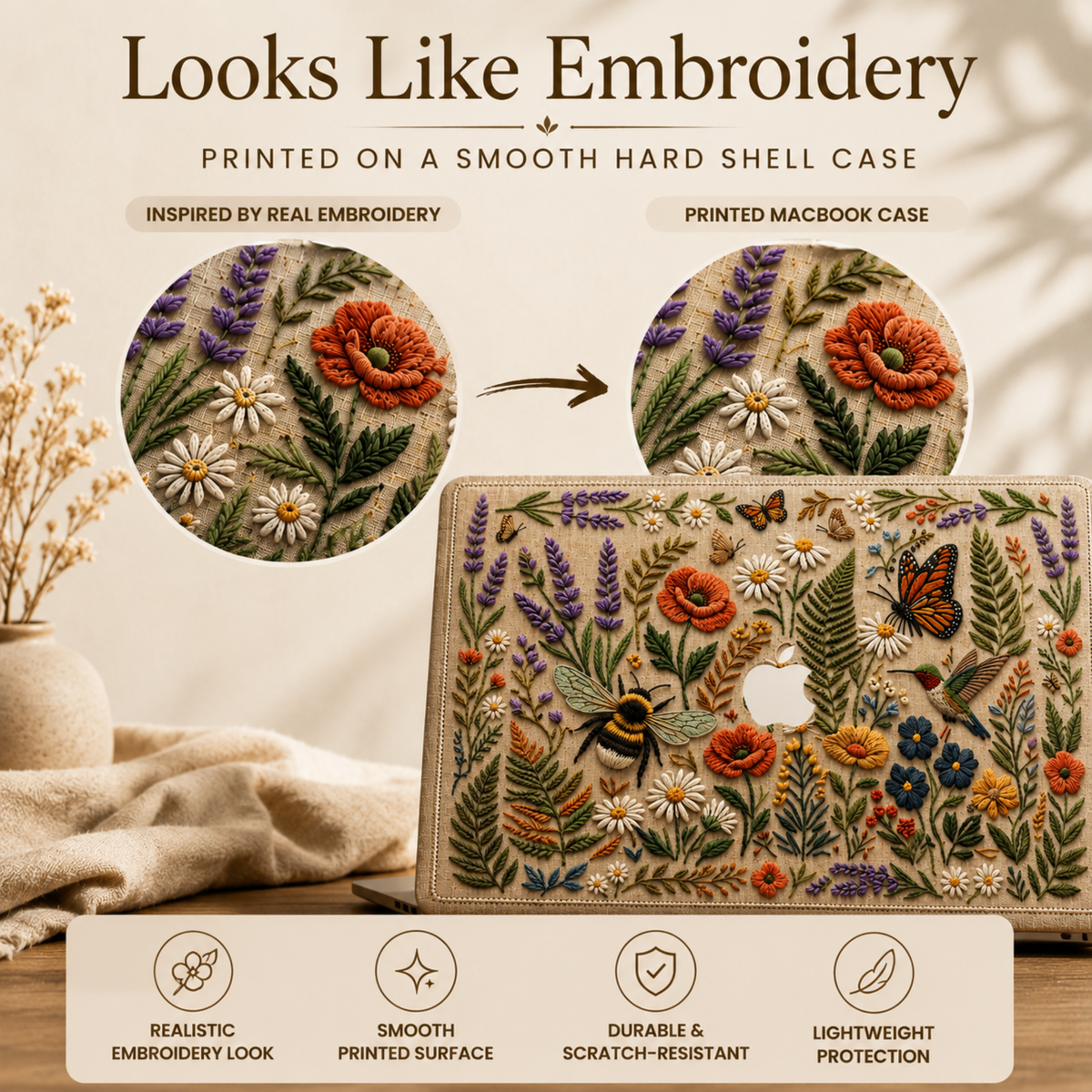 Infographic explaining the embroidery effect of our botanical MacBook case. Side-by-side comparison shows inspiration from real embroidery and the finished smooth printed hard shell MacBook case with the Apple logo area left unprinted. Features highlighted include realistic embroidery appearance, smooth printed surface, lightweight protection,  and premium botanical floral design for MacBook Air and Pro.