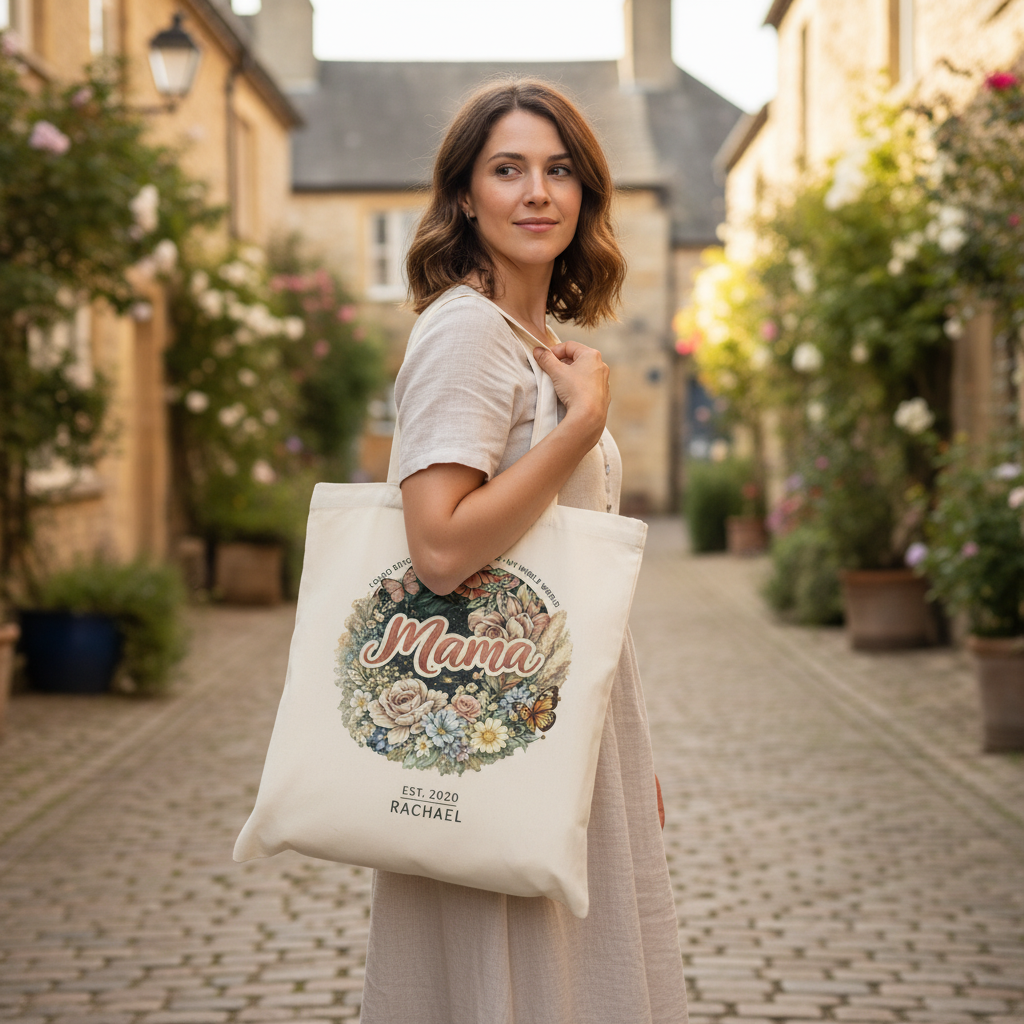 Smiling young woman posing outdoors on a cobblestone street, carrying a personalized "Mama" canvas shopping bag with a vibrant botanical print.