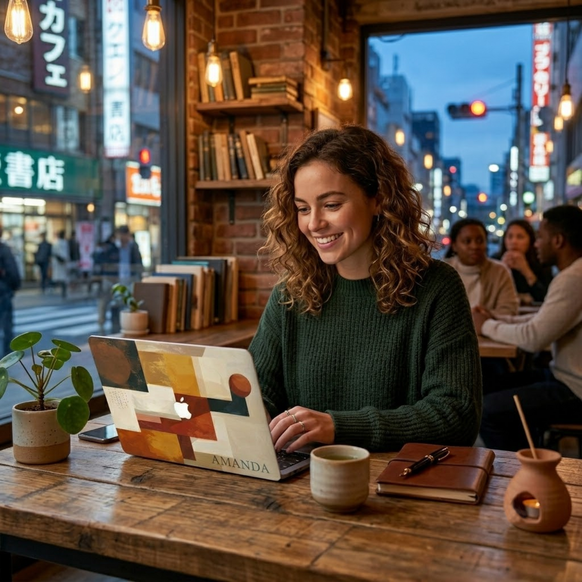 Smiling curly haired woman working on personalized abstract geometric MacBook case with custom name Amanda in cozy Tokyo cafe with Japanese neon signs, exposed brick wall and city street view at dusk — terracotta mustard navy and cream color block hard shell laptop cover with elegant serif name personalization, Apple logo visible through an unprinted area, slim snap-on fit, for MacBook Air 13 M2 M3 M4 M5 and MacBook Pro 14 16 M3 M4 M5, modern aesthetic personalized gift for her