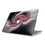 A 3/4 angled studio shot of an open silver MacBook resting on a white surface, showcasing a custom hardshell case on its top cover with a dynamic abstract design. The futuristic artwork features a mesmerizing vortex of intricately woven, glowing fiber-optic style lines in rose gold, pink, and silver swirling toward the central white Apple logo on a deep black background. The case has a smooth, matte finish and provides a sleek, high-tech look.