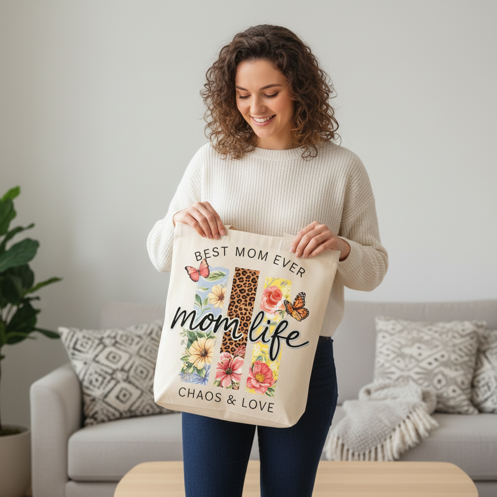 Young woman sitting in a cozy living room holding a personalized "Mom Life" shopping bag.
