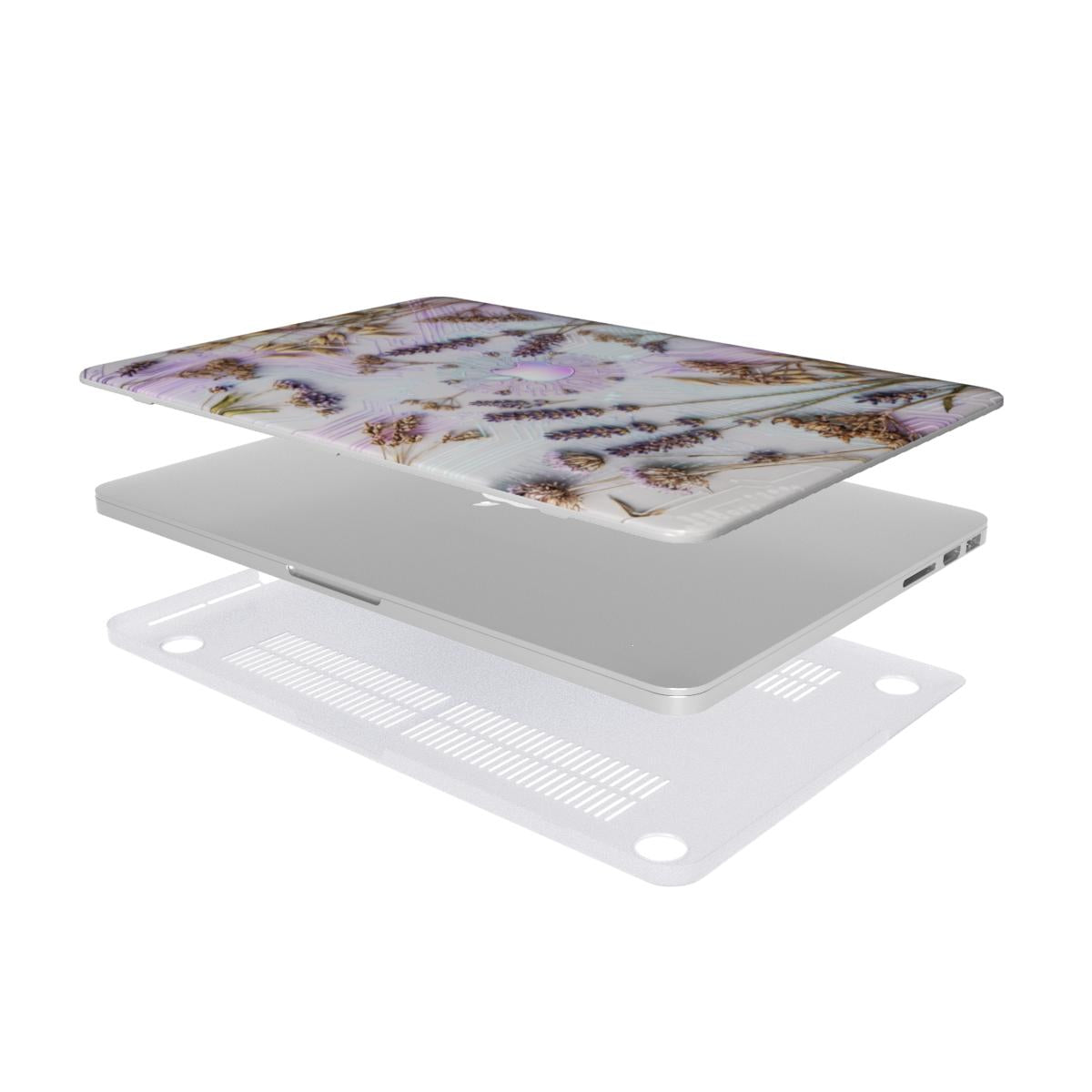 An exploded 3D view of a MacBook case kit with a unique floral tech design. The top printed shell shows the lavender and circuit board pattern, followed by the silver laptop, and a clear, vented bottom shell for cooling.